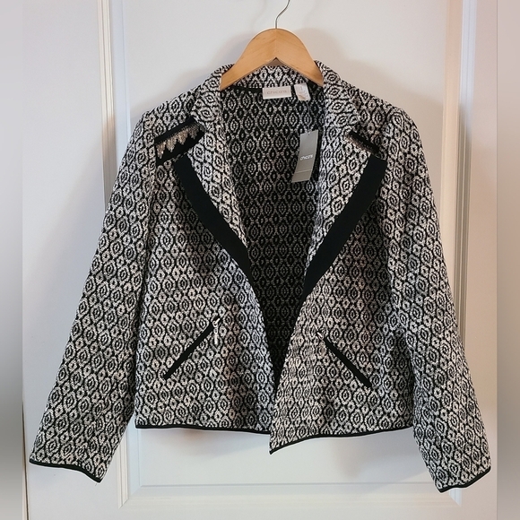 Chico’s Diamond Jacquard Moto Jacket Black/White - Women's Size 1/ Medium/ 8 - Picture 3 of 13